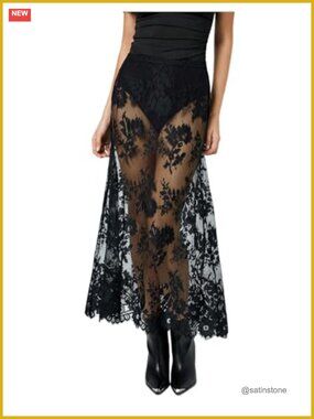 Sheer Lace Maxi Skirt High Waist Night Out Party Floral
